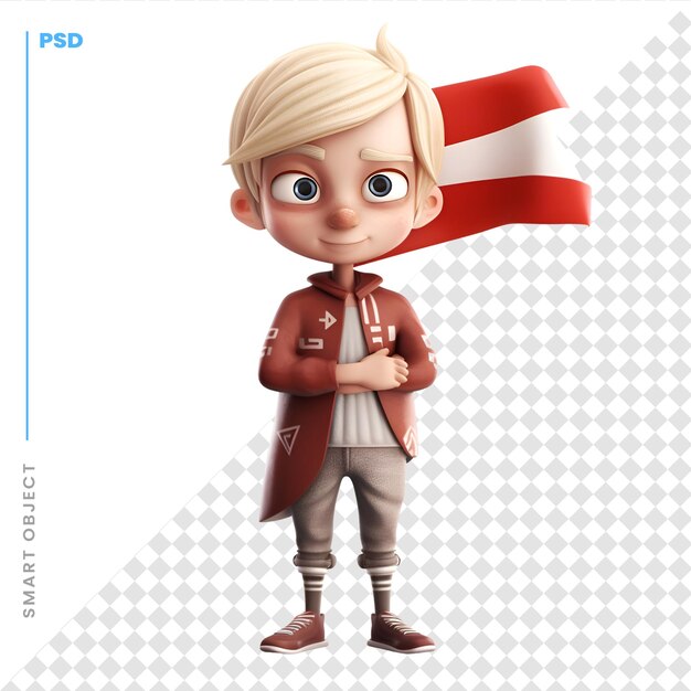 PSD 3d-рендеринг милого маленького мальчика с австрийским флагом