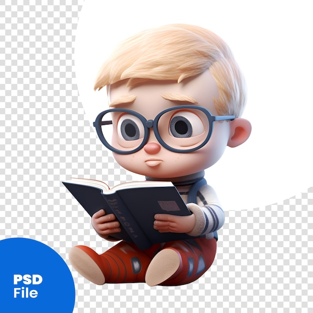PSD 3d-рендеринг милого маленького мальчика, читающего книгу на белом фоне psd шаблон