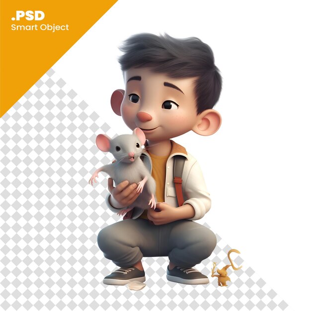 PSD 흰색 배경 psd 템플릿에 쥐가 있는 귀여운 소년의 3d 렌더링