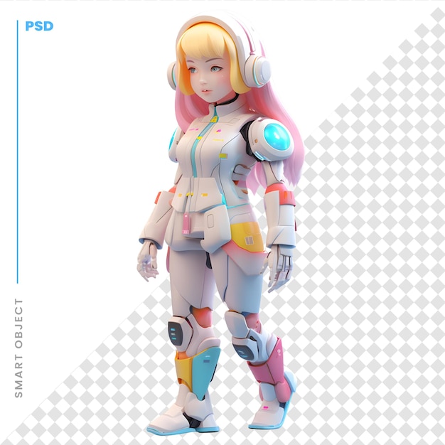 PSD 헤드폰 흰색 배경에 고립 된 여성 로봇의 3d 렌더링