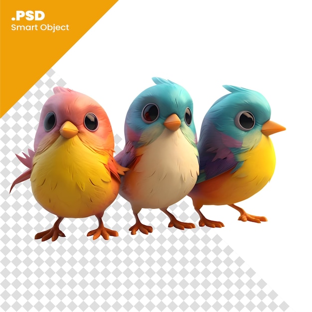 PSD 白い背景のpsdテンプレートに彩色な鳥のグループの3dレンダリング