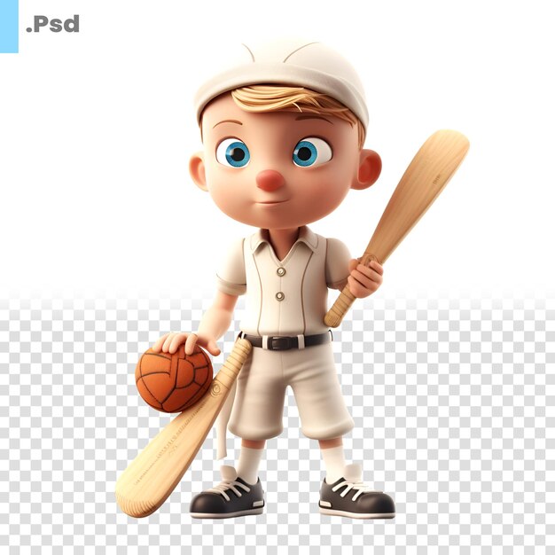 PSD 백색 배경 psd 템플릿에 고립된 야구를 하는 작은 소년의 3d 렌더링
