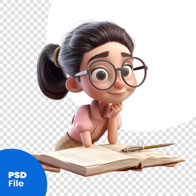 PSD 책 psd 템플릿을 읽는 안경을 입은 작은 소녀의 3d 렌더링