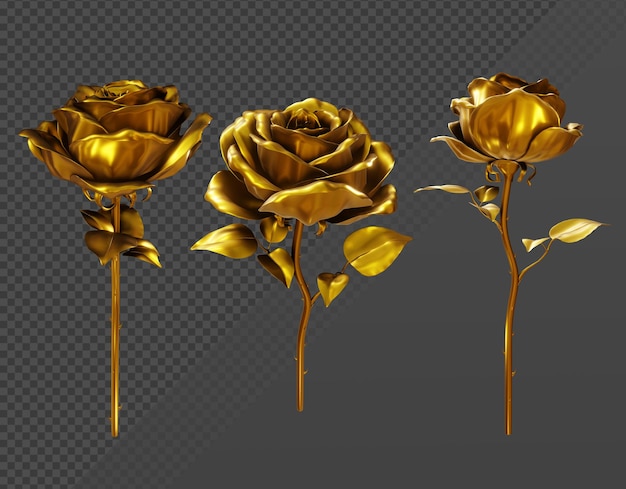 3d rendering of a rose flower in shiny clean gold color from various perspective view