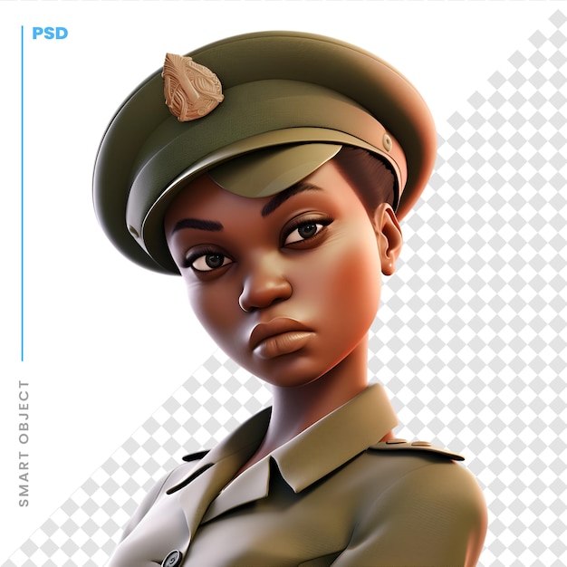 PSD 白い背景に分離されたアフリカ系アメリカ人の女性兵士の 3 d レンダリング