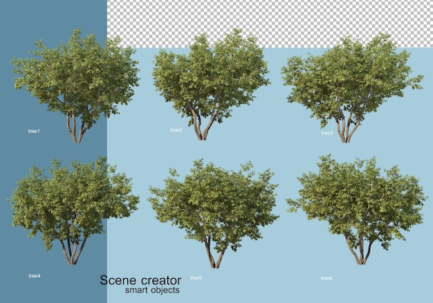 木と花の配置の3dレンダリング