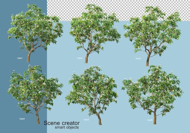 나무와 꽃의 배열의 3d 렌더링