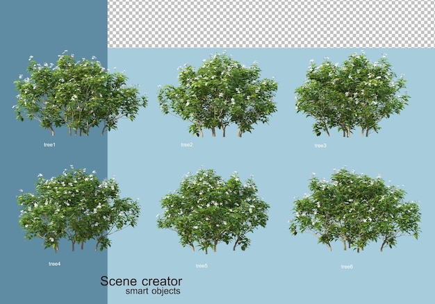 木と花の配置の3dレンダリング