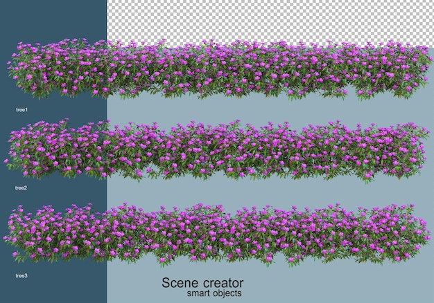 木と花の配置の3dレンダリング