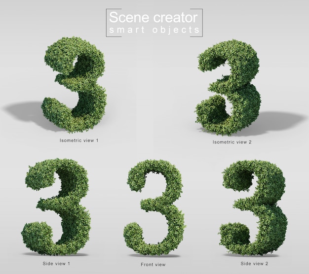 3d rendering of bushes in shape of number 3