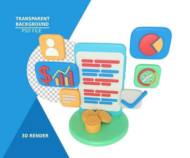 PSD 비즈니스 재무 보고서 응용 프로그램의 3d 렌더링