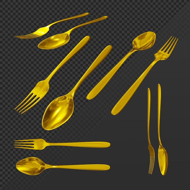 3d rendering of clean and shiny golden iron spoon and fork from various perspective view