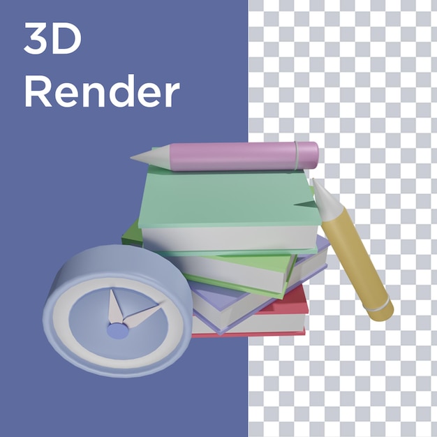 PSD 時計、本、鉛筆の上面図の3dレンダリング