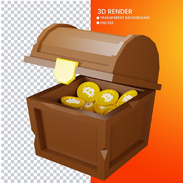 PSD 귀여운 bitcoin 보물 상자의 3d 렌더링