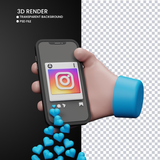 PSD 3d-рендеринг милой руки и мобильного телефона с instagram, как