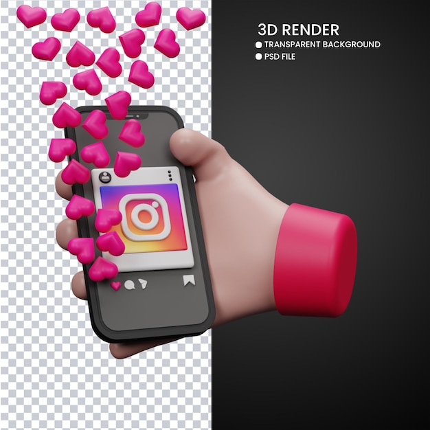 PSD 3d-рендеринг милой руки и мобильного телефона с instagram, как