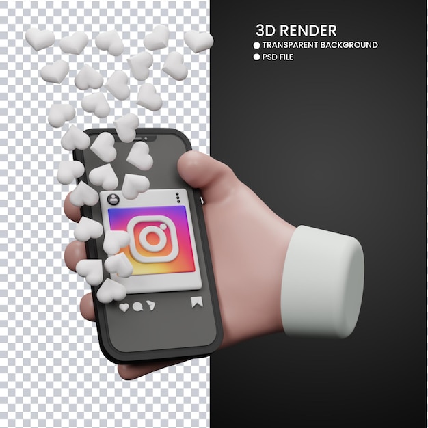 3d-рендеринг милой руки и мобильного телефона с instagram, как