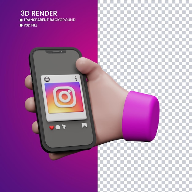 PSD 3d-рендеринг милой руки и мобильного телефона с instagram