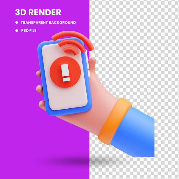 3d-рендеринг милой иконки иллюстрации руки, держащей мобильный телефон без сигнала, пустое состояние