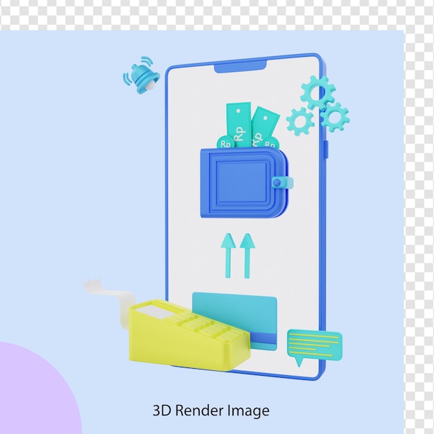 루피아를 디지털 지갑에 입금하는 3d 렌더링