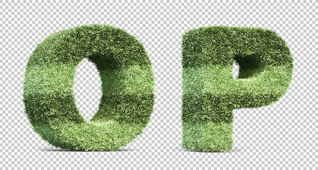 3d rendering of grass playing field alphabet o and alphabet p