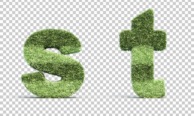 3D rendering of grass playing field alphabet s and alphabet t