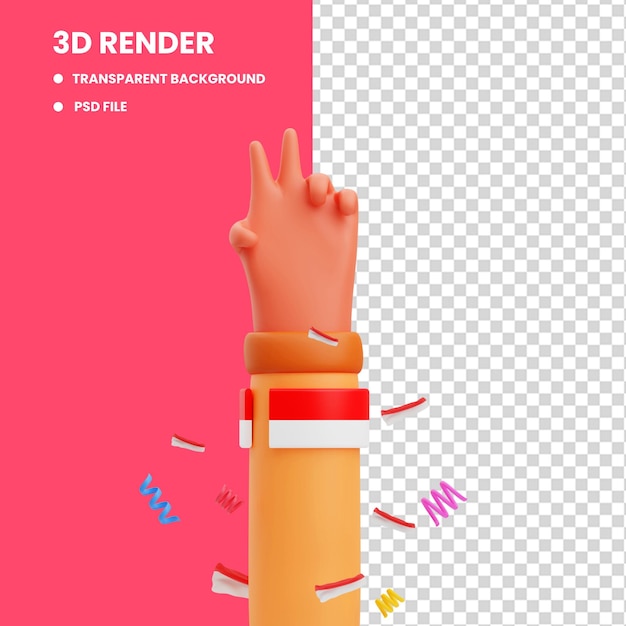 3d-рендеринг иллюстрации иконки руки с жестом мира и браслетом с индонезийским флагом