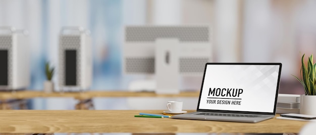 PSD 3d-рендеринг экрана макета ноутбука на деревянном столе