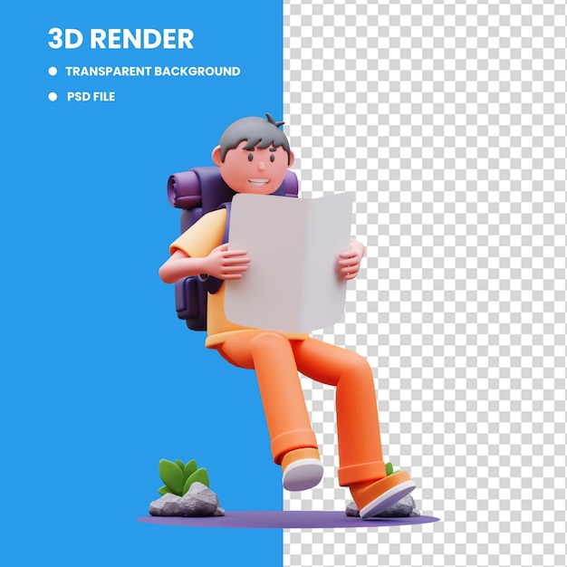 여행지도를 읽고 남성 여행자 캐릭터 그림의 3d 렌더링