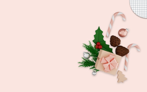 PSD 3d-рендеринг рождественских украшений на розовом фоне