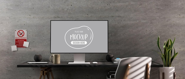 3D rendering of modern coworking space with computer mockup