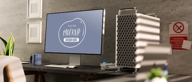 3D rendering of modern coworking space with computer mockup