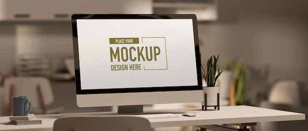 3D rendering of office desk with computer mockup
