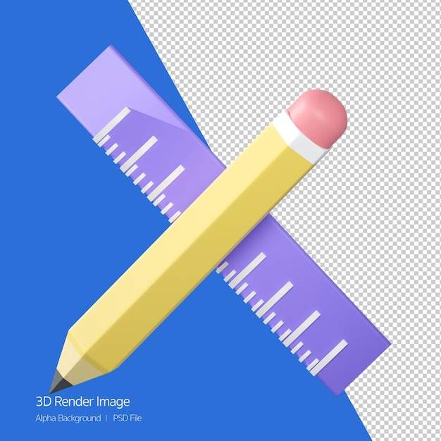 연필과 눈금자 아이콘 흰색 절연의 3d 렌더링.
