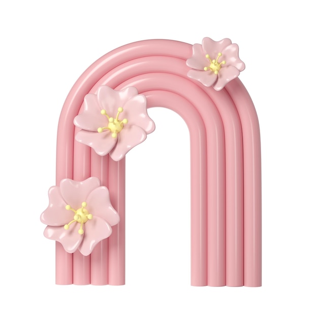 3d rendering of plaster pink molds arch with flower transparent minimalistic spring display