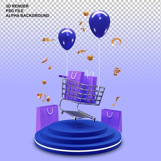 3d rendering of podium with flying shopping chart and colorful balloons transparant background