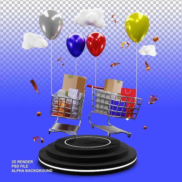 3d rendering of podium with flying shopping chart and colorful balloons transparant background