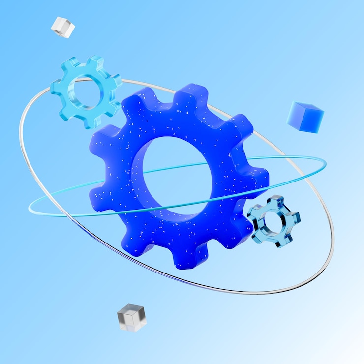 PSD 3d rendering of rotating blue gears with surrounding elements