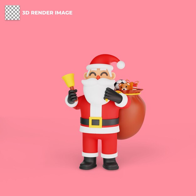 PSD 선물 자루를 들고 새해 종을 연주하는 산타의 3d 렌더링
