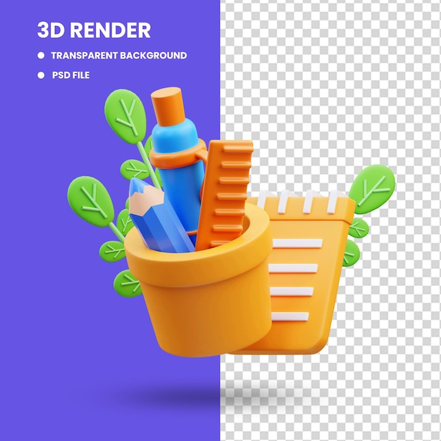 PSD 3d-рендеринг иллюстрации значка школьных канцелярских принадлежностей, обратно в школу