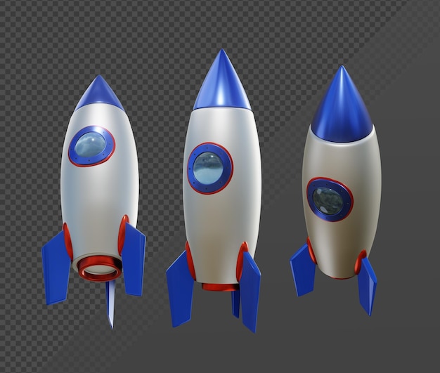 3d rendering of simple red blue metallic rocket from various perspective view