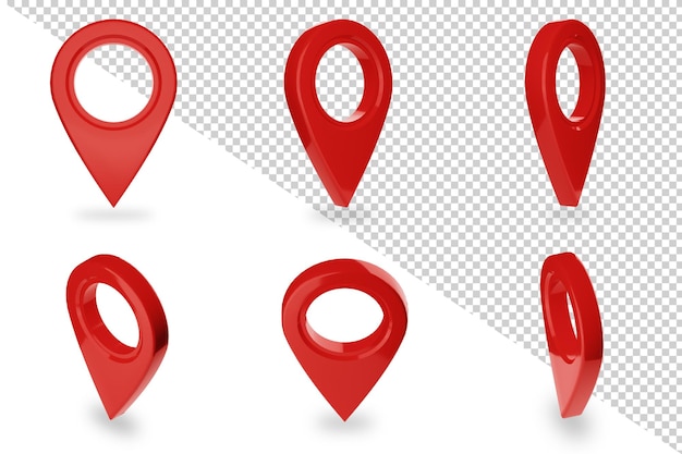 간단한 빨간색 지도 핀 아이콘 또는 위치 포인터 세트의 3d 렌더링