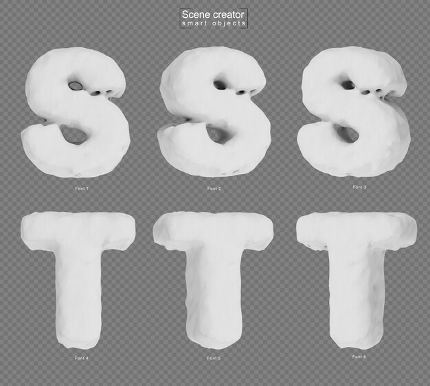 3d rendering of snow alphabet S and alphabet T 
