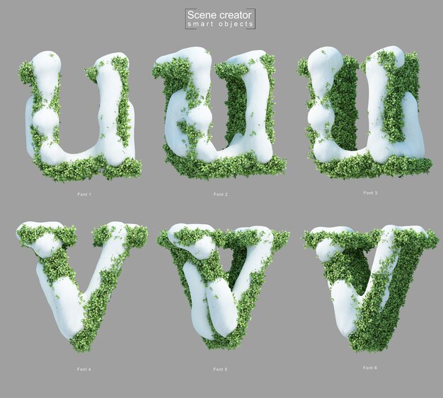 3d rendering of snow on bushes in shape of letter u and letter v