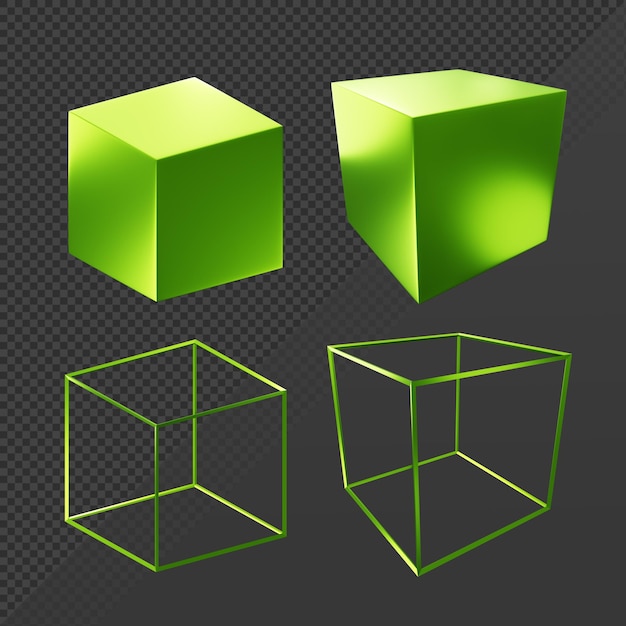 PSD ソリッドおよびワイヤードの光沢のある立方体ジオメトリオブジェクトの遠近法と正投影ビューの3dレンダリング