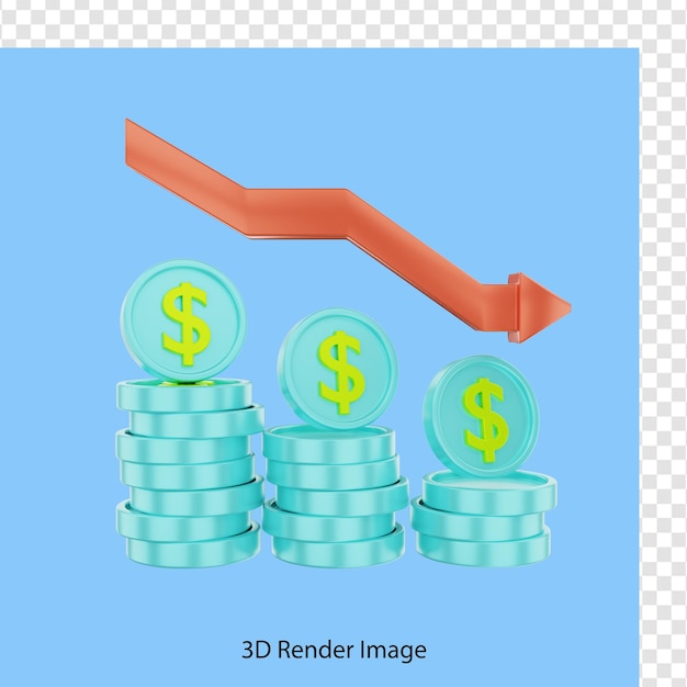 PSD 누적된 달러 동전 가격 하락의 3d 렌더링