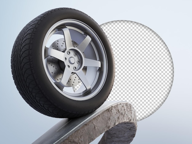 3D rendering of tire and road in adventure route concept Car wheel on earth land with driveway