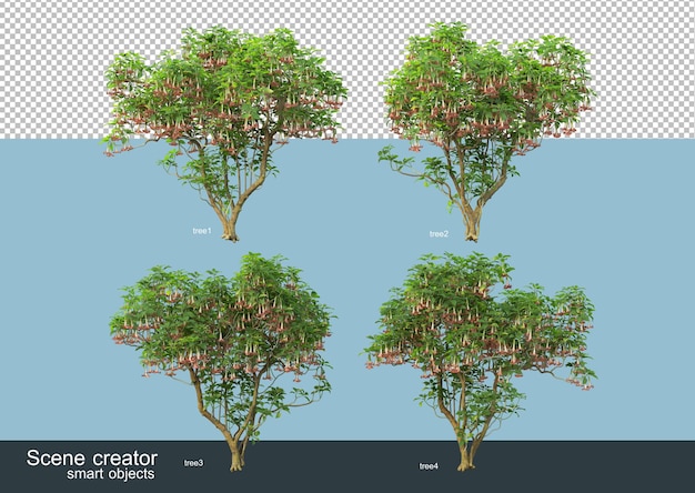 다양한 나무 모양과 유형의 3d 렌더링