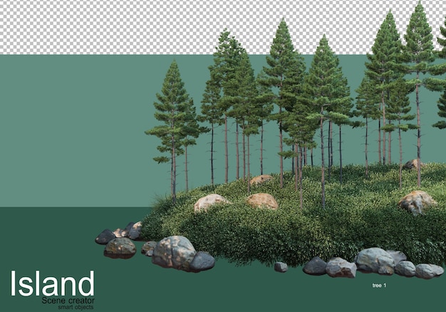 島のさまざまな種類の木の3dレンダリング