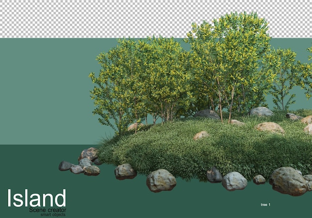 3d rendering of various types of trees on the island